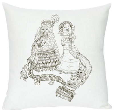 Domestic Cosmos Birds Cushion - Screen printed cushion made of linen & cotton. White