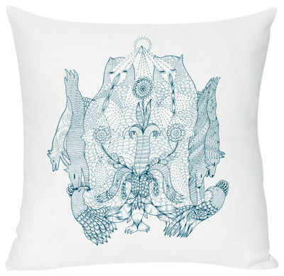 Domestic Rarara Cushion - Screen printed cushion made of linen & cotton. White,Turquoise