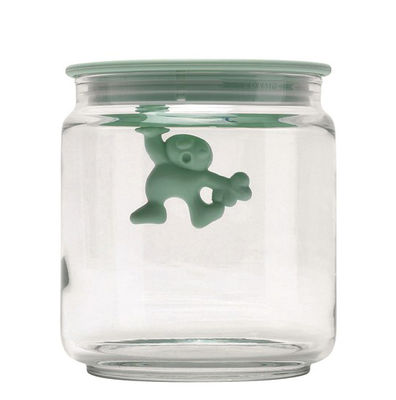 A di Alessi Gianni a little man holding on tight Airtight jar. Blue-green