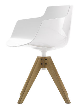 MDF Italia Flow Slim Swivel armchair - Plastic shell & oak VN legs. White,Oak