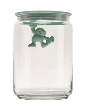 A di Alessi Gianni a little man holding on tight Airtight jar. Blue-green