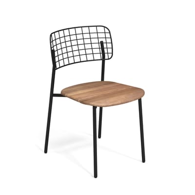 Chaise empilable Lyze métal noir bois naturel / Assise teck - Emu