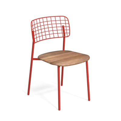 Chaise empilable Lyze métal rouge bois naturel / Assise teck - Emu