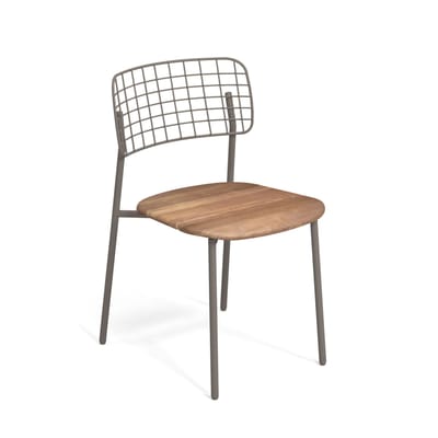 Chaise empilable Lyze métal beige bois naturel / Assise teck - Emu