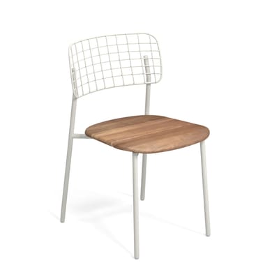Chaise empilable Lyze métal blanc bois naturel / Assise teck - Emu