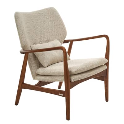 Fauteuil rembourré Peggy tissu blanc beige bois naturel - POLSPOTTEN