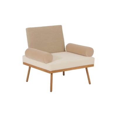 Fauteuil rembourré Rue du Mail tissu beige bois naturel par José Lévy / Exclusivité Made In Design - Lelièvre Paris