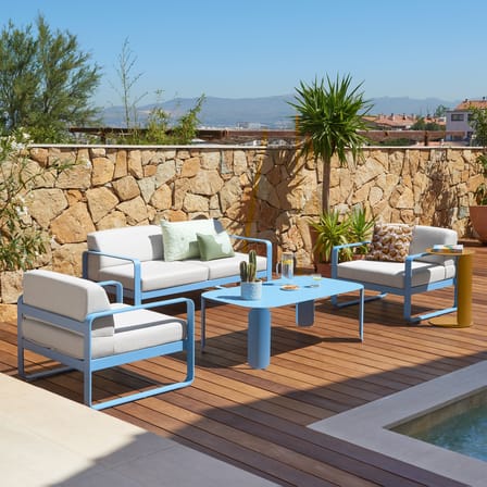 Canapé de jardin 2 places Bellevie métal bleu / L 160 cm - Tissu blanc grisé - Fermob