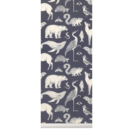 Carta da parati Animals carta blu / 1 rotolo - Larg 53 cm - Ferm Living