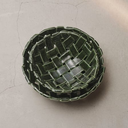 Corbeille Plait céramique vert / Coupe à fruits - Tressé main / Ø 30 cm - Ferm Living