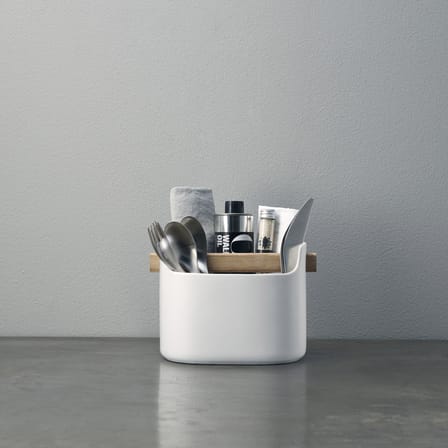 Bac de rangement Toolbox céramique blanc bois naturel / L 19 x H 15 cm - chêne - Eva Trio