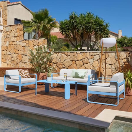Canapé de jardin 2 places Bellevie métal bleu / L 160 cm - Tissu blanc grisé - Fermob