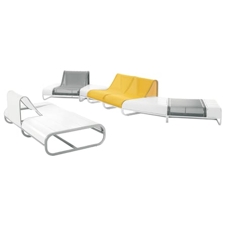 Fauteuil bas Tandem métal tissu blanc bois naturel version teck - Accoudoir droite- Modèle d'exposition - EGO Paris