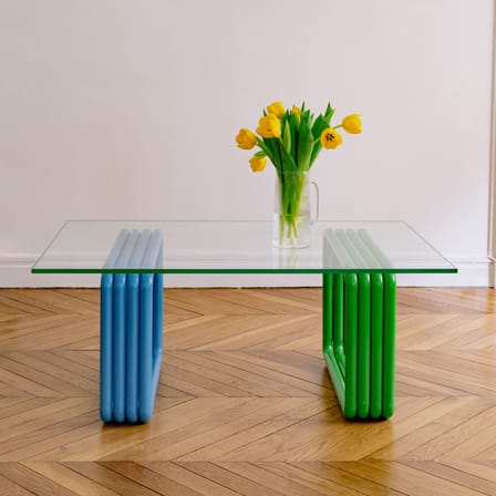 Table basse  verre bleu vert / 110 x 65 cm x H 45 cm / Seconde vie - COLORTHERAPIS