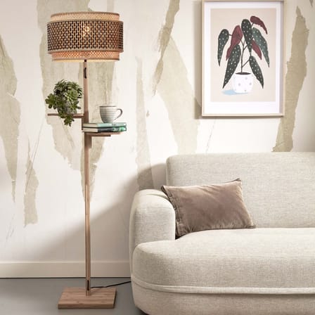 Bhutan Floor lamp cane & fibres wood beige bamboo & natural wood / 2 shelves - H 160 cm - GOOD&MOJO