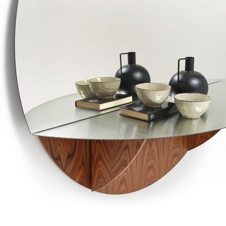 Miroir mural Brame verre bois argent / Console - Plateau rabattable - Ø 150 x P 47 cm - Mogg