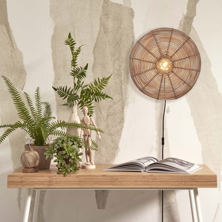 Applique avec prise Tanami Disc fibre végétale bois beige / rotin / Ø 40 cm - GOOD&MOJO