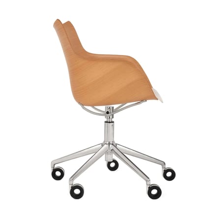 Q/Wood Armchair on casters natural wood / Moulded wood & plastic - Adjustable height - Kartell