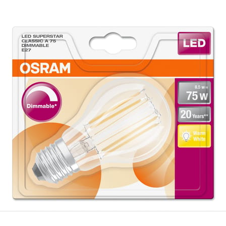 Ampoule LED E27 dimmable Classique A60 Clear / 7,8W (= 75W) - Blanc chaud - Osram