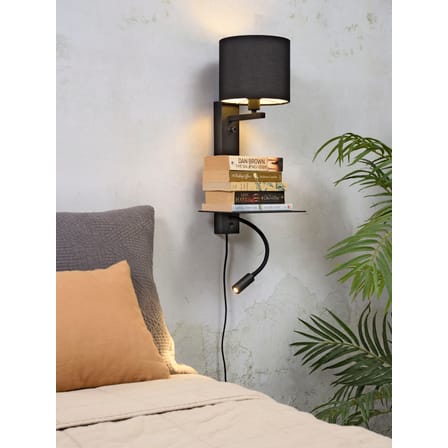 Wandleuchte mit Stromkabel Florence metall schwarz / Lampenschirm Stoff - LED-Leseleuchte, Regal & USB-Anschluss - It's about Romi
