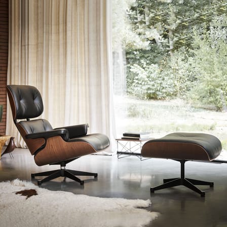 Lounge Chair & Ottoman Set armchair & footrest leather black /  Eames, 1956 - Cherry tree - Vitra