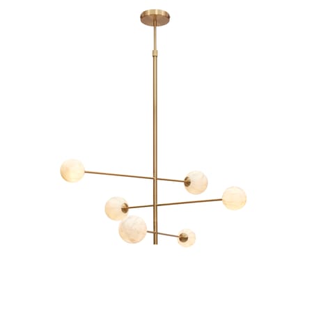 Suspension Carrara métal blanc or / 3 bras & 6 globes - Verre effet marbre / L 99 x H 95 cm / Seconde vie - It's about Romi