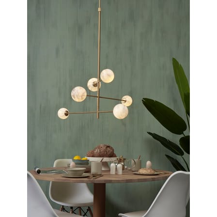 Suspension Carrara métal blanc or / 3 bras & 6 globes - Verre effet marbre / L 99 x H 95 cm / Seconde vie - It's about Romi