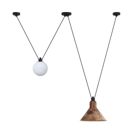 Suspension Acrobate N°324 verre blanc cuivre métal / Lampe Gras - 2 abat-jours - DCW éditions