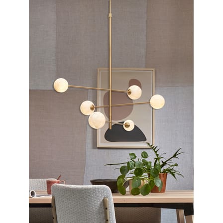 Suspension Carrara métal blanc or / 3 bras & 6 globes - Verre effet marbre / L 99 x H 95 cm / Seconde vie - It's about Romi