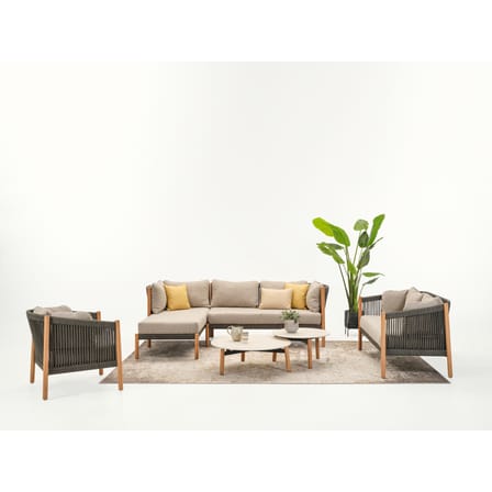 Lento Modular Right Outdoor daybed textile grey natural wood / L 166 cm - Hand-woven polypropylene cord - Vincent Sheppard