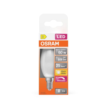 Ampoule LED E14 dimmable Flamme B35 Frosted / 5,9W (= 60W) - Blanc chaud - Osram