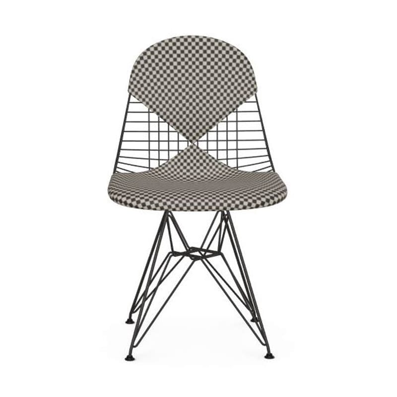 Mobilier - Chaises, fauteuils de salle à manger - Chaise Wire Chair DKR métal tissu noir / Rembourrée - By Charles & Ray Eames, 1951 - Vitra - Tissu noir & blanc (Checker) / Structure noire - Acier laqué époxy, Mousse polyuréthane, Tissu