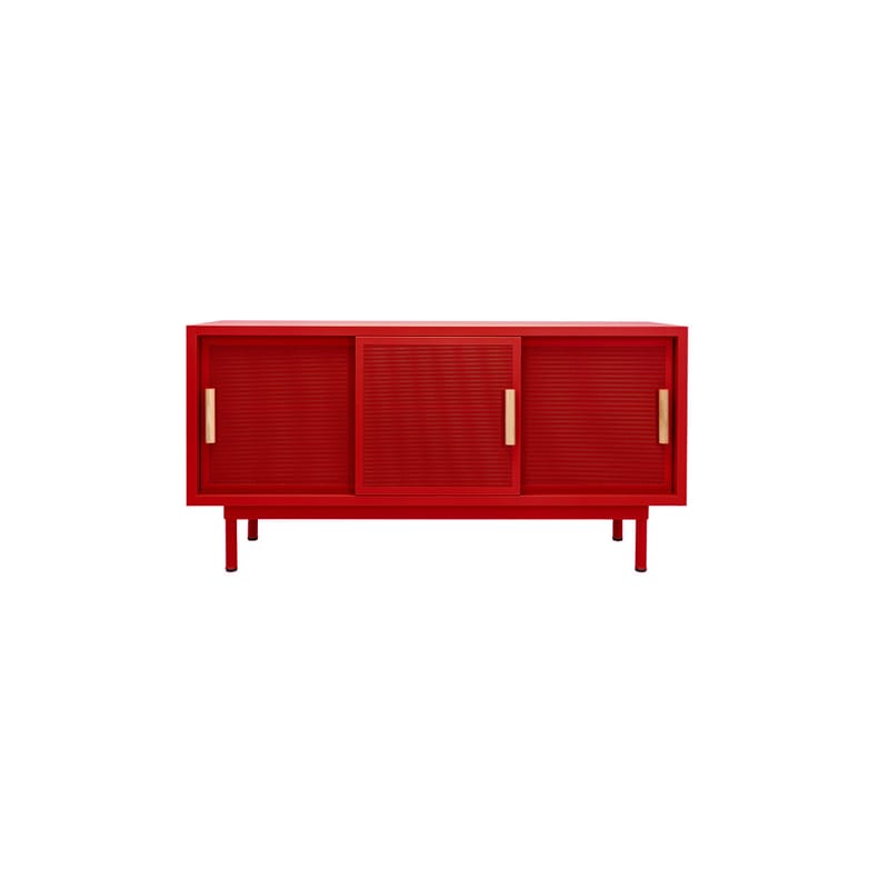 Mobilier - Commodes, buffets & armoires - Buffet 3 portes métal rouge / L 150 x H 75 cm - Acier perforé & chêne - Tolix - Piment (mat fine texture) - Acier, Chêne