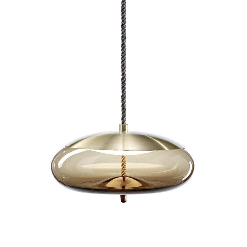 Lighting - Pendant Lighting - Knot disco Pendant glass brown gold / Glass & rope - Ø 50 x H 25 cm - Brokis - Brown / Brass cap - Blown glass, Brass, Natural rope