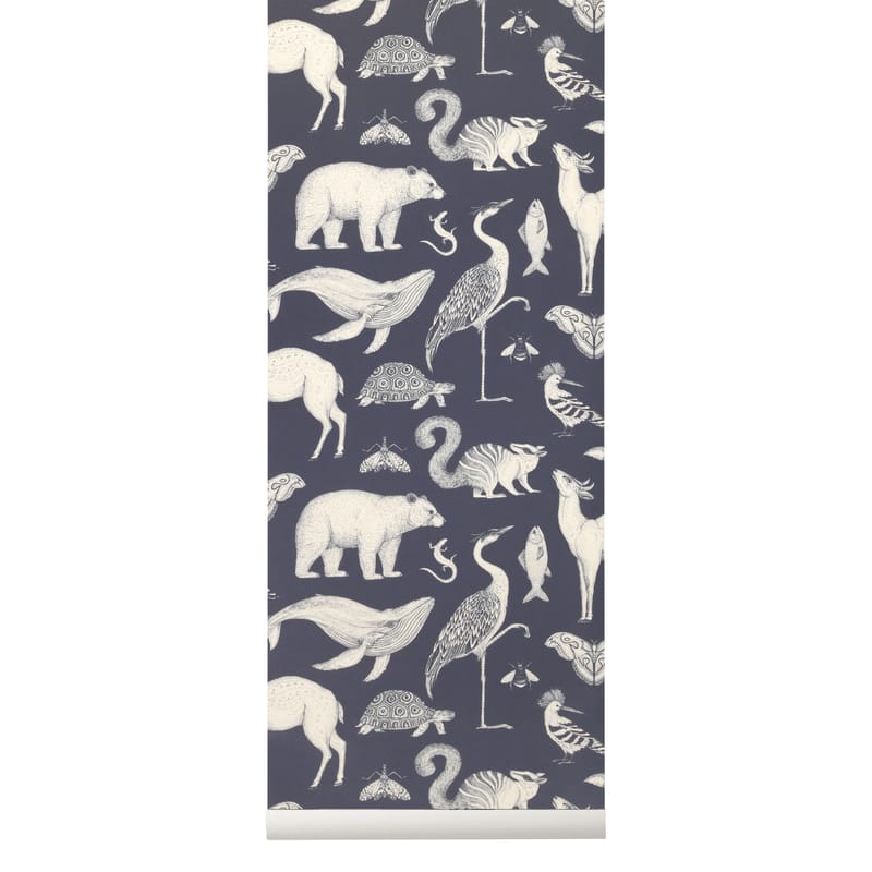 Decoration - Children\'s Home Accessories - Animals Wallpaper paper blue / 1 roll - W 53 cm - Ferm Living - Dark blue & white - Non-woven fabric