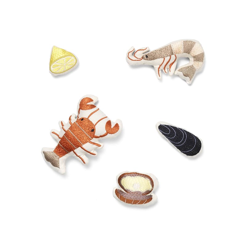 Décoration - Pour les enfants - Peluche Embroidered Seafood tissu multicolore / 5 peluches brodées dans sac coton - Ferm Living - Fruits de mer - Coton biologique, Polyester recyclé