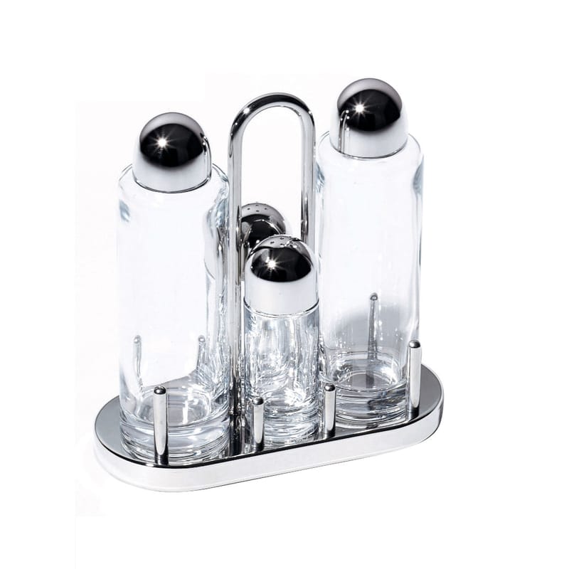 Tavola - Sale, pepe e olio  - Oliera  vetro metallo - Alessi - Polibrillante - Acciaio, Vetro