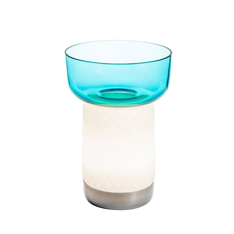 Luminaire - Lampes de table - Lampe sans fil rechargeable Bontà verre bleu / Bol amovible - Ø 18 x H 26,4 cm - Artemide - Turquoise / Base blanche - Métal, Verre