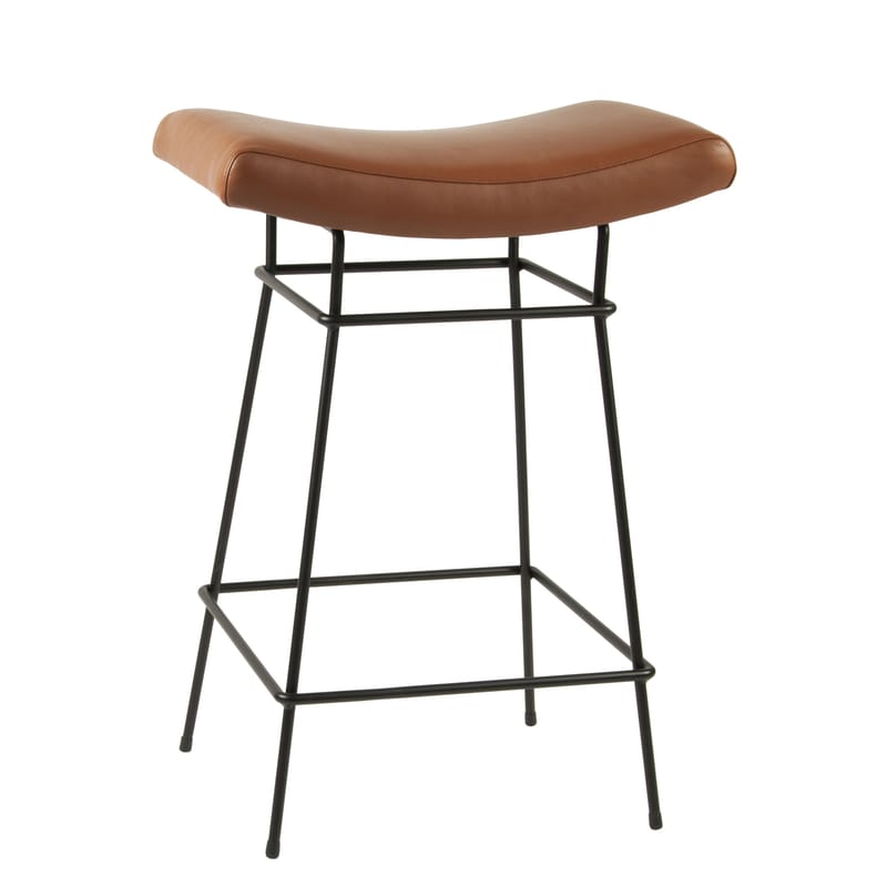 Furniture - Bar Stools - Bienal High stool metal leather brown black H 66 cm - Leather seat - Objekto - Brown leather / Black leg - Foam, Full grain leather, Painted recycled steel