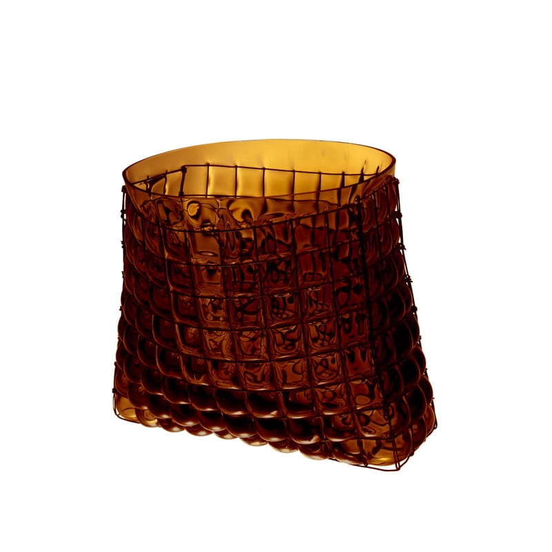 Décoration - Vases - Vase Grid Bag small verre marron / L 20 x H 16 cm - Fait main - Vanessa Mitrani - Marron transparent - Métal, Vert soufflé