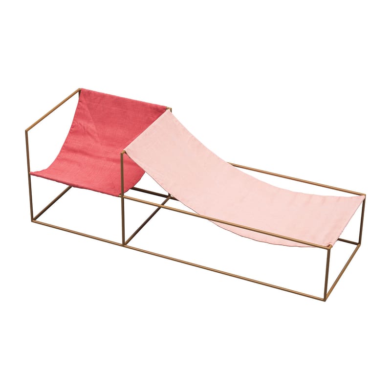 Mobilier - Fauteuils - Fauteuil Duo Seat tissu rose rouge / Assise double - 180 x 60 cm - Lin & acier - valerie objects - Rouge & rose / Structure Curry - Acier, Lin