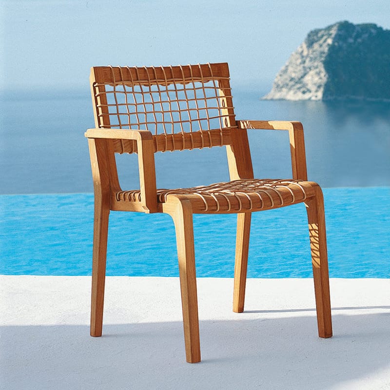 Möbel - Stühle  - Stapelbarer Sessel Synthesis beige holz natur / mit Kissen - Unopiu - Teakholz  & Natur / Kissen naturweiß - Polyacryl-Gewebe, Synthetische Waprolace-Faser, Teakholz