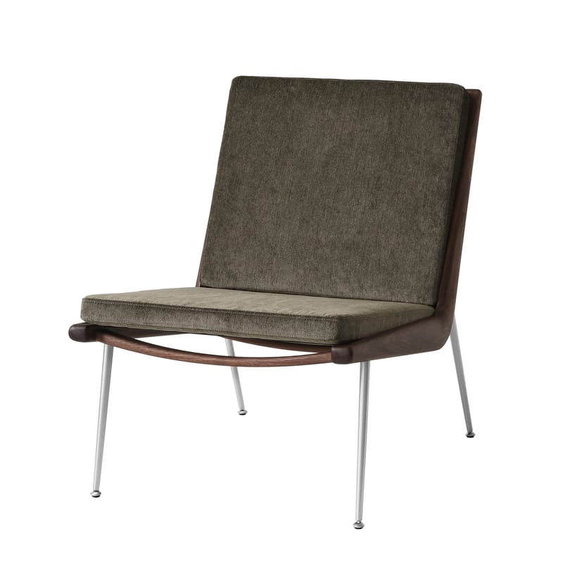 Furniture - Armchairs - Boomerang HM1 (1956) Padded armchair textile green / Walnut - &tradition - Khaki green (Duke 004) / Walnut & steel - Fabric, HR foam, Solid walnut, Steel