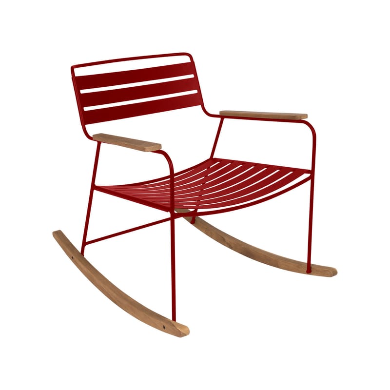 Mobilier - Fauteuils - Rocking chair Surprising métal rouge / teck - Fermob - Coquelicot - Acier, Teck