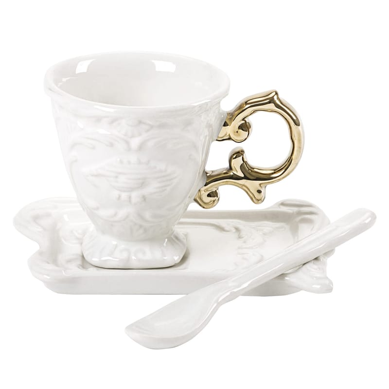 Table et cuisine - Tasses et mugs - Tasse à café I-Coffee céramique or blanc / Set tasse + soucoupe + cuillère - Seletti - Or - Porcelaine