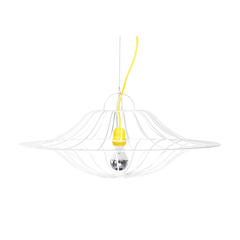 Luminaire - Suspensions - Suspension Ombrelle métal blanc / Ø 60 cm - La Corbeille - Blanc / Fil jaune - Acier laqué, Tissu