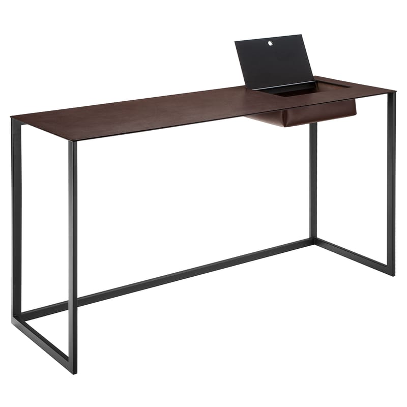 Furniture - Office Furniture - Calamo Desk leather brown - Zanotta - Brown leather / Graphite structure - Leather, Varnished steel