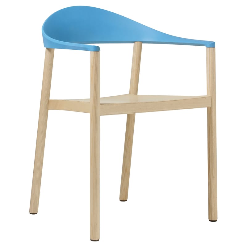 Mobilier - Chaises, fauteuils de salle à manger - Fauteuil empilable Monza plastique bleu bois naturel - Plank - Bois naturel / Dossier bleu - Frêne verni, Polypropylène