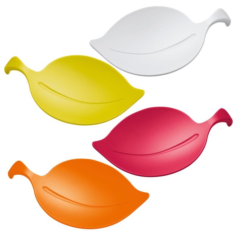 Tisch und Küche - Salatschüsseln und Schalen - Coupelle Leaf-on plastique multicolore /Set de 4 - Koziol - Blanc / Vert moutarde / Rouge framboise / Orange - Plastik