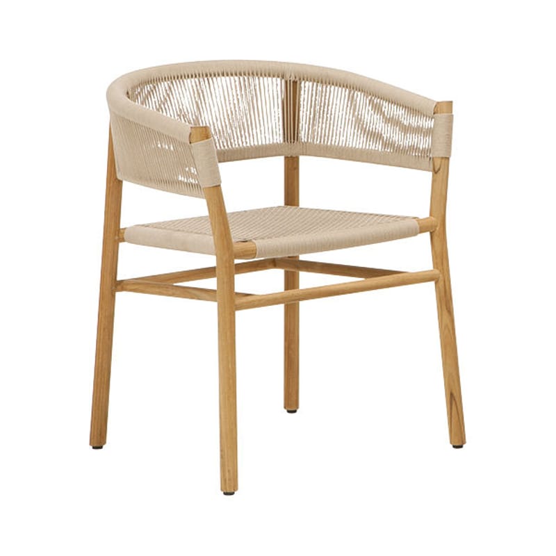 Mobilier - Chaises, fauteuils de salle à manger - Fauteuil empilable Kilt tissu beige bois naturel / Teck & corde synthétique - Ethimo - Sable / Teck naturel - Corde synthétique, Teck certifié FSC